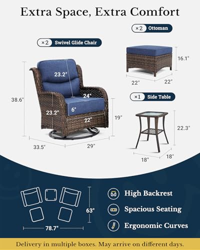 Luxury Patio Furniture Set with 6-inch Thick Cushion, Outdoor Couch and High Back Swivel Rocker Patio Chairs, 7PCS Wicker Conversation Set for Deck, Yard, and Poolside in Blue (V2)