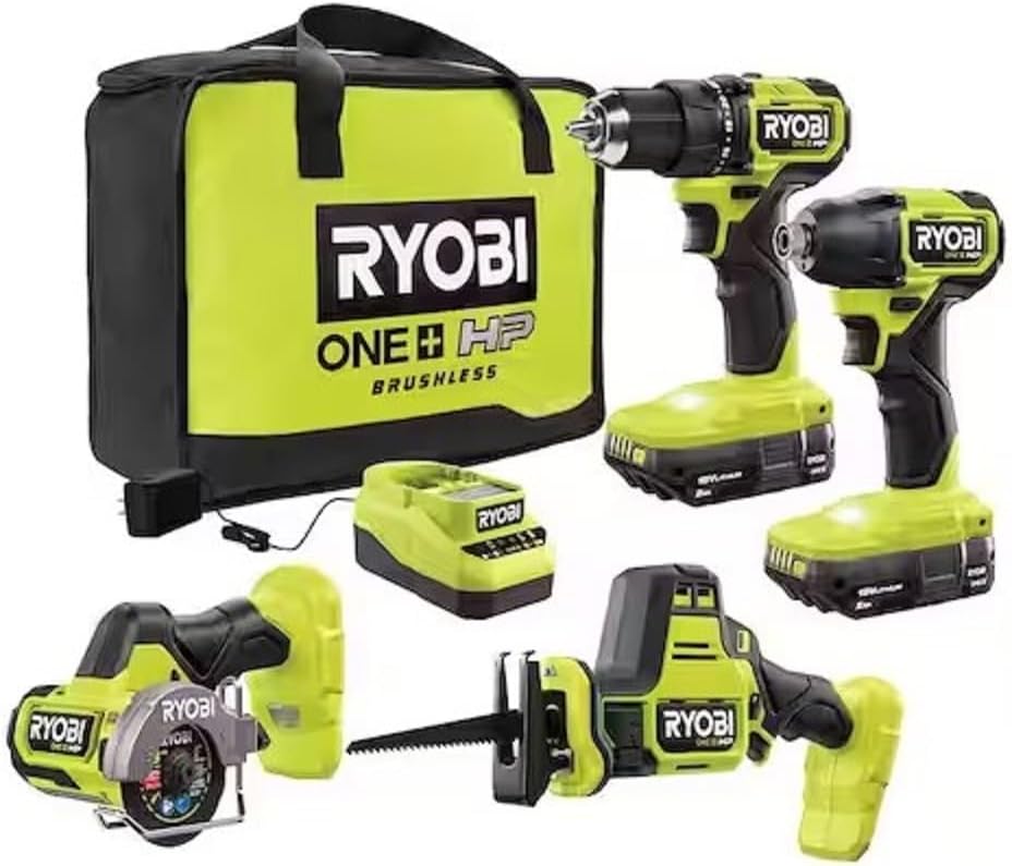 RYOBI ONE+ HP 18V Brushless Cordless Compact 4-Tool Combo Kit with (2) 2.0 Ah Batteries, Charger, and Bag