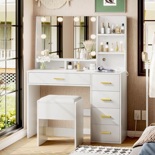 AOGLLATI Makeup Vanity Set with Lights, Vanity Desk with Mirror and Lights, White Vanity Table with Cushioned Stool, Makeup Desk with Charging Station, Visible Drawers, Open Storage Shelves