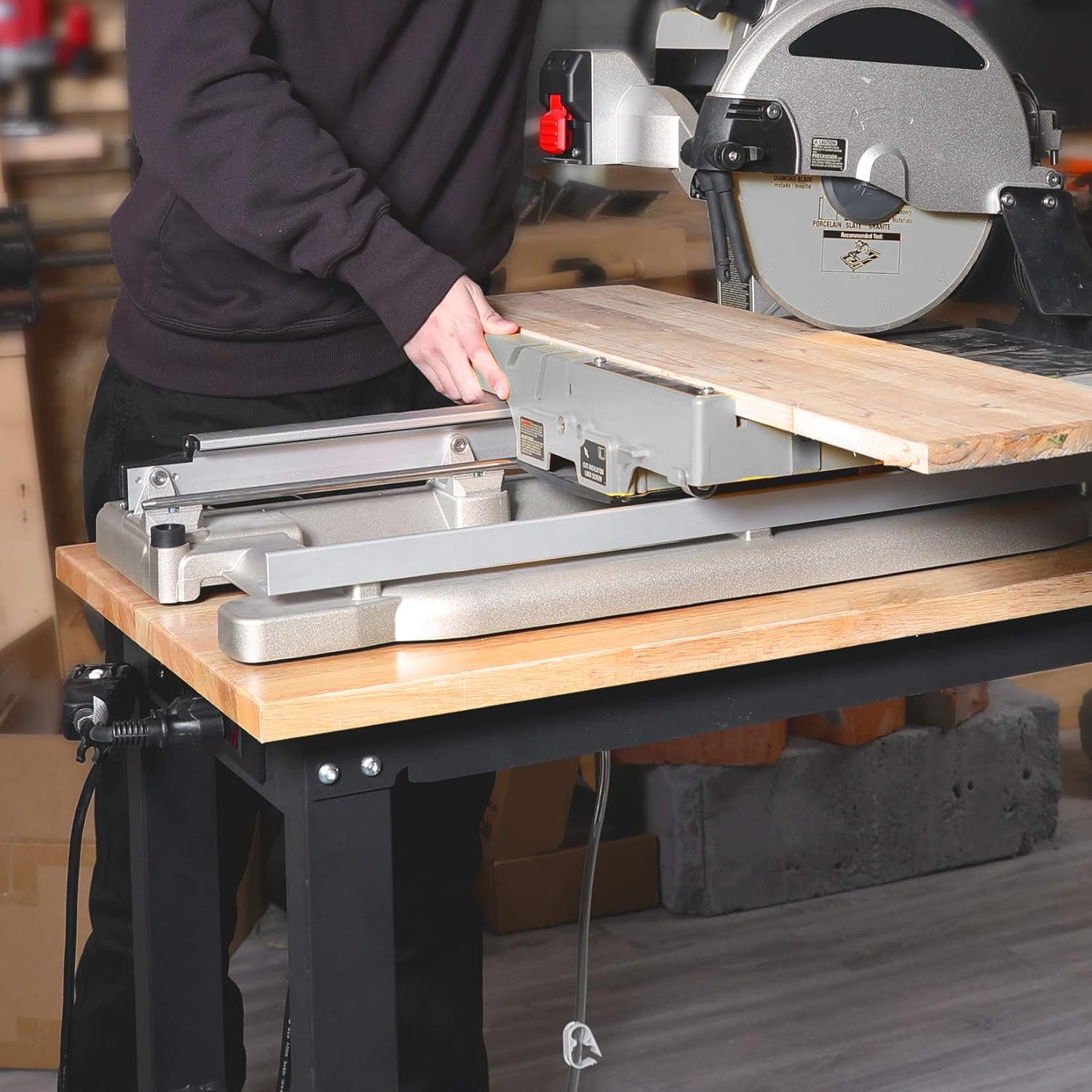 WORKPRO 60 Adjustable Workbench, Rubber Wood Top Heavy-Duty Workstation, 2000 LBS Load Capacity Hardwood Worktable with Power Outlets, for Workshop, Garage, Office, Home