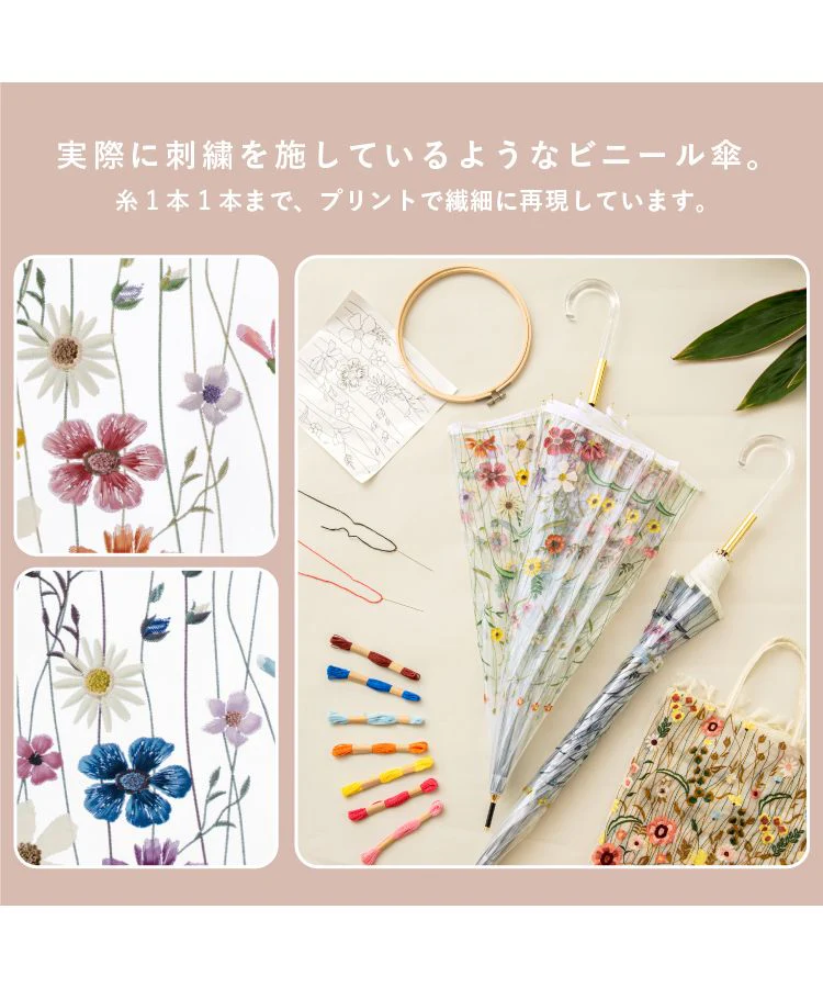 [Wpc. Official] [Vinyl Umbrella] Embroidered Style Umbrella 61cm Jump Umbrella for Ladies Long Umbrella