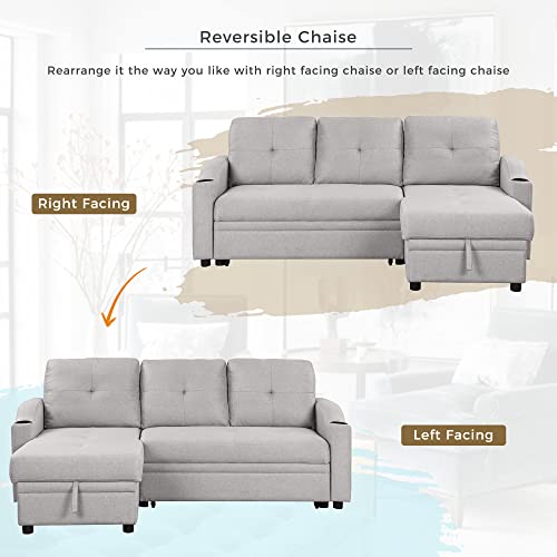 80.3" Pull Out Sofa Bed Modern Padded Upholstered Sofa Bed, Linen Fabric 3 Seater Couch with Storage Chaise and Cup Holder, Small Couch for Small Spaces Living Room Sectionals