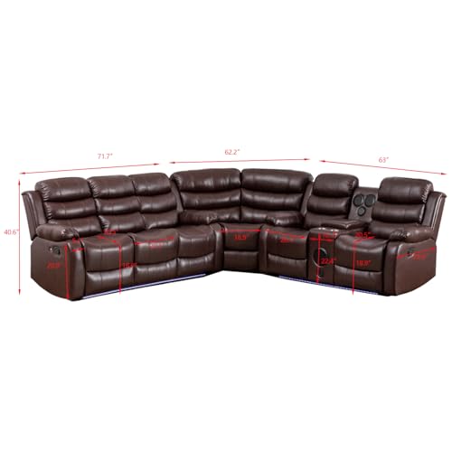 Manual Reclining Sectional Couch with LED Light Multi-Functional Sofa with Recliner Seat,Stereo, Storage,Cup Holders,USB,PU Leather L-Shaped Sofa,9 Seater for Living Room- White
