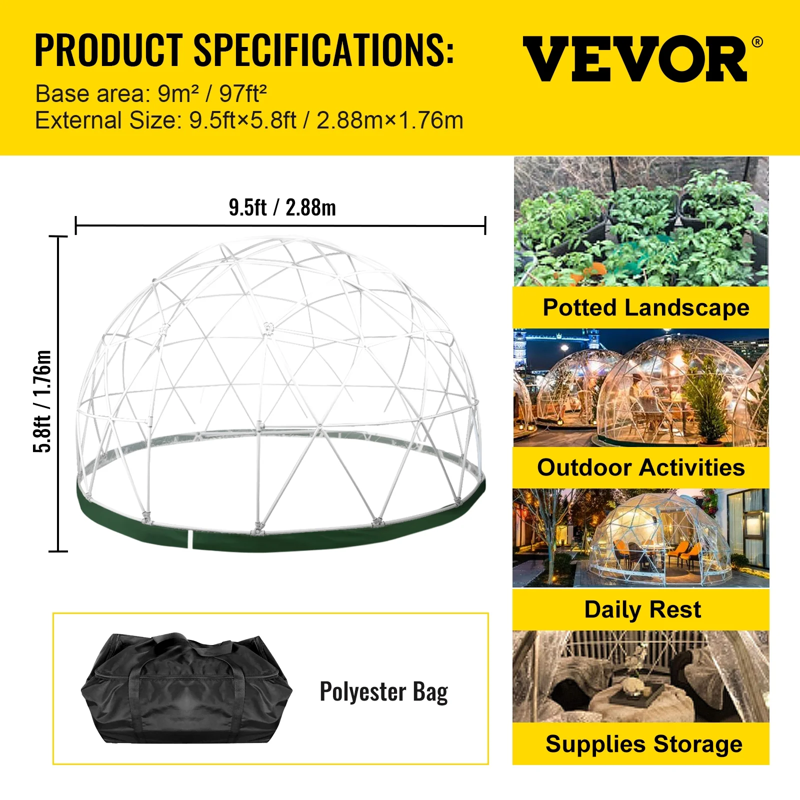 VEVORbrand Dome Igloo Bubble Tent with PVC Cover and Mesh Cover - Geodesic Dome 9.5ft - Lean to Greenhouse with Door and Windows for Sunbubble, Backyard, Outdoor Winter & Summer, Party