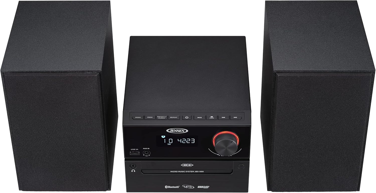 Jensen Professional JBS-500 Modern Bluetooth Wireless Stereo Music System Home CD Player, MP3 USB, Audio in, Headphone Jack, FM Radio, 30W - (Jet Black)