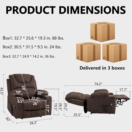 Power Lift Chair Lay Flat Recliner Infinite Position Electric Dual Motor Stand Up Lift Chair with Massage and Heat for Adults,Heavy Duty Recliners with 2 Remote Controls and Two Cup Holders