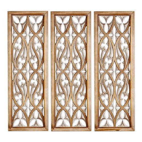 XIAOAIKA Carved Wood Wall Art Decor - Floral Design Panel, Distressed Carved Antique Wood Decor - Decorative Wall Sculpture for Living Room, Bedroom, and Entrance Hall 33.1 x 14.6 inches (2 Panels)