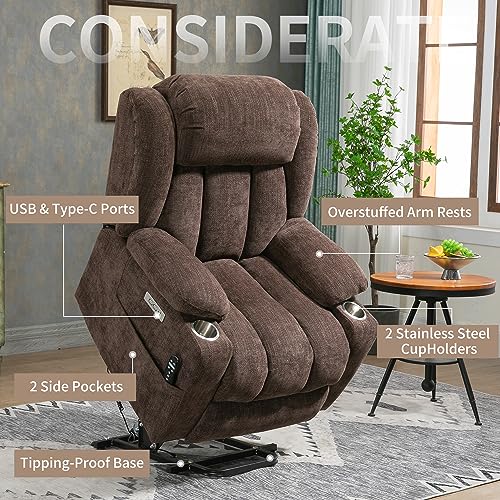 2024 Power Lift Recliner Chair with Full-Body Massage and Heat for Elderly, Hand Remote Control, Upgraded OKIN Motor, Extended Footrest, USB Ports, Stainless Steel Cup Holders, Chenille Grey