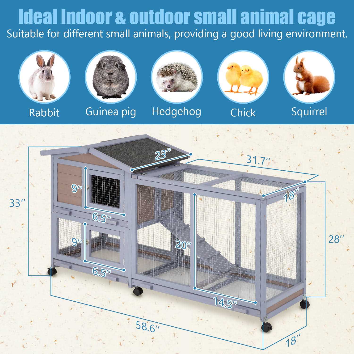Niamvelo Wood Rabbit Hutch Indoor&amp;Outdoor Bunny Cage with Wheels &amp;Waterproof Roof for Small Animals - Pet Supplies online store