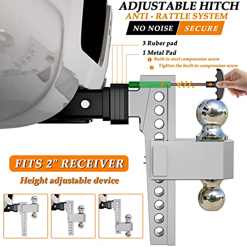 VNN Adjustable Drop Hitch, Tri-Ball(1-7/8'', 2'', 2-5/16'') Hitch, Fits 2-Inch Receiver, 8 Inch Drop Trailer Hitch, 15000 LBS GTW-Truck Trailer Hitch, Heavy Duty Solid Ball Mount, Silver, VN0004