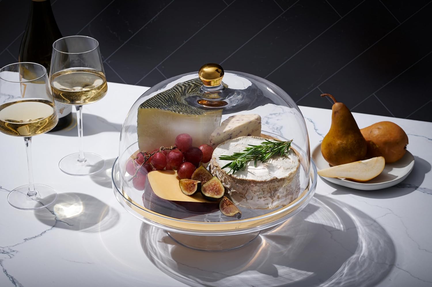 Glass - Cake Stand - and - Dome - with - Gold Rim - and - Gold Knob - for - Cake - Fruit - Cheese - 11.75" Diameter - Made in Europe - by Barski