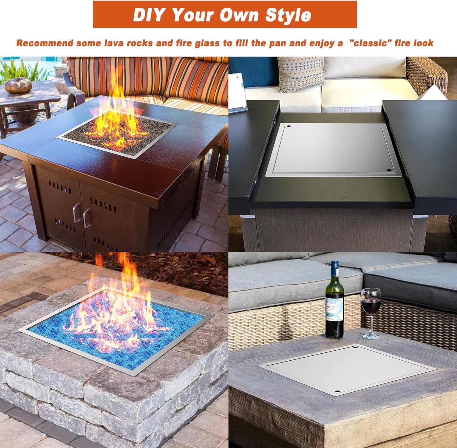 Skyflame 30" x 30" Square DIY Drop-in Firepit System Assembly Set with Stainless Steel Fire Pit Burner Pan, Burner Ring and Protective Cover, Fit for Both Natural Gas and Liquid Propane