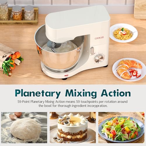COOKLEE Stand Mixer, 9.5 Qt. 660W Electric Kitchen Mixer with Dishwasher-Safe Dough Hooks, Flat Beaters, Wire Whip & Pouring Shield Attachments for Most Home Cooks, Silver