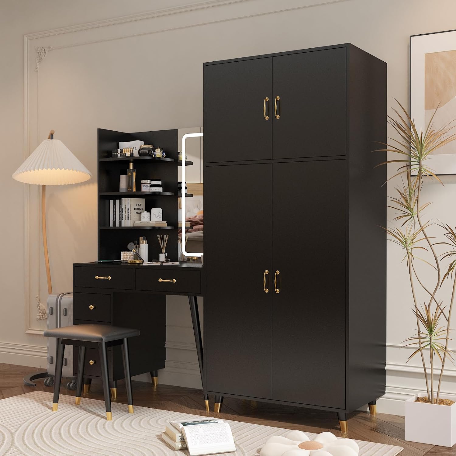 Black Makeup Vanity Desk with 4 Door Bedroom Closet, Lights Mirror, Black Vanity Table and Stool Set, Dressing Table with Armoire Wardrobe Set, Vanity Desk and Tall Storge Cabinet 170 x 50 x 185CM