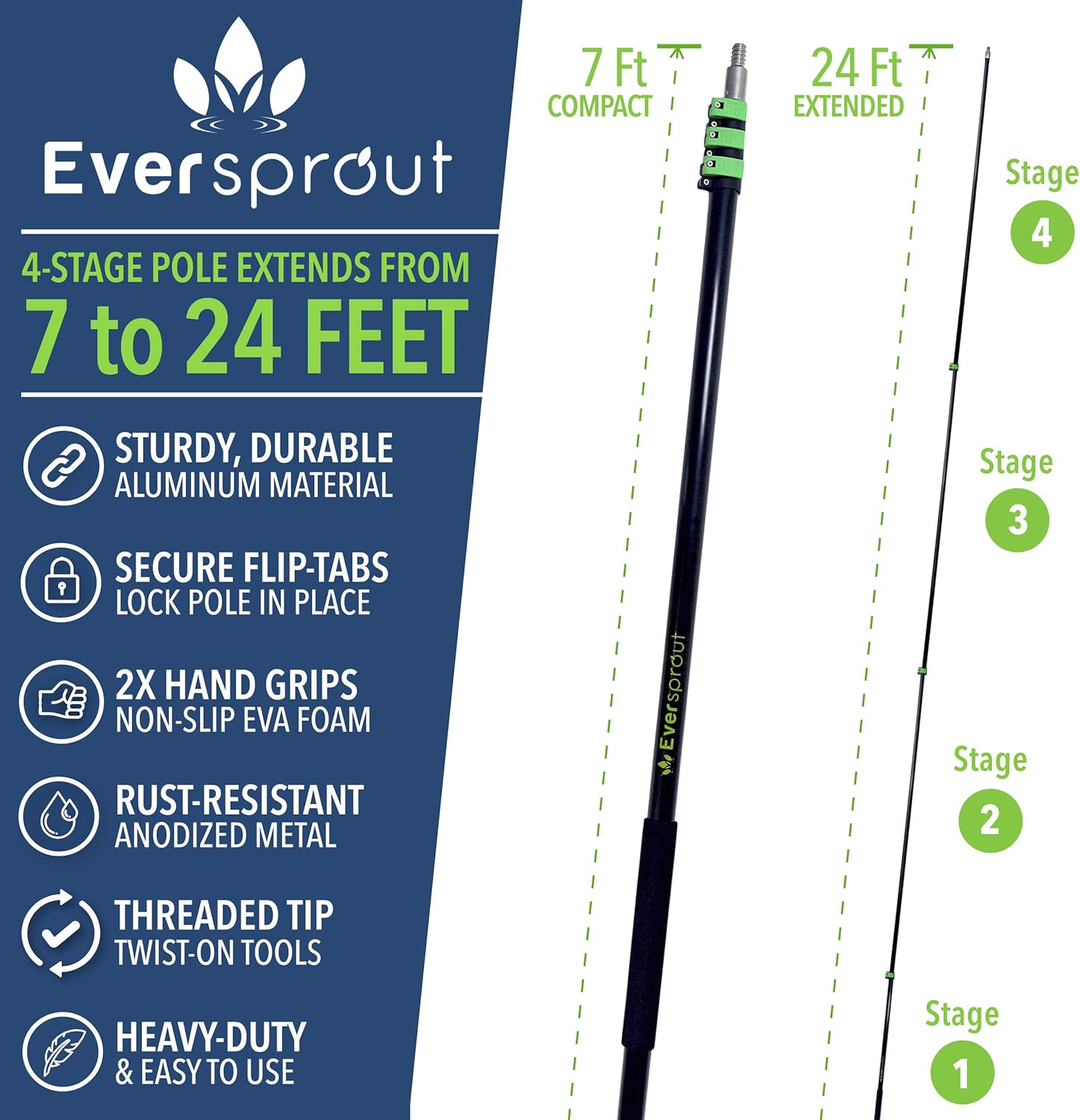 EVERSPROUT Never-Scratch SnowBuster 7-to-24 Foot (Up to 30 Ft Standing Reach) | Pre-Assembled Extendable Roof Rake for Snow Removal | Heavy-Duty Aluminum, Soft Foam Pad | Exclusive Push/Pull Design