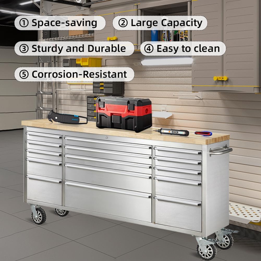 72-inch Stainless Steel Rolling Tool Chest with 15 Drawers, Lockable Mobile Storage Cabinet for Garage, Workshop, and Home