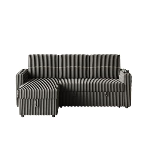 L-Shaped Sleeper Sectional Sofa Bed with Storage Chaise, Convertible Sleeper Sofa Pull Out Couch Bed, Corduroy Upholstered 3 Seater Corner Sofa with Cup-holder, USB Charge Port, Brown