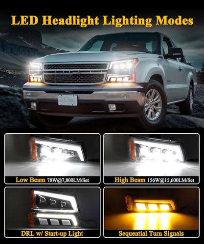 Partsam LED Headlights Assembly DOT Approved with Start-up Light DRL Sequential Turn Signal Hi/Low Sealed Beam Side Marker Lights Replacement for Silverado Avalanche 2003-2006