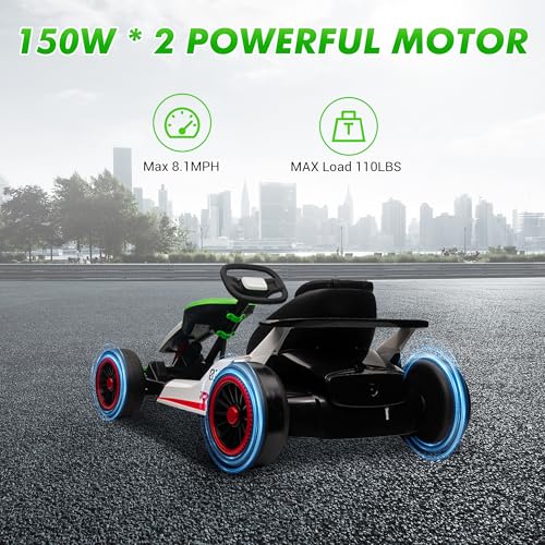 24V Electric Go Kart, Drifting Car Battery Powered Ride on Car with Powerful Motor for Kids 6-12 Years Old, Kids Go Kart with Slow Start, Music, Safety Belt,Max Load 110lbs for Boys and Girls