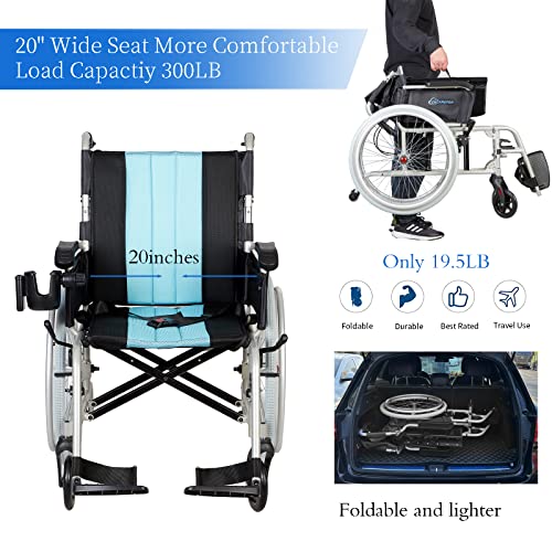 13lbs Ultra Lightweight Wheelchair, 20" Wide Seat Wheelchair for Adults, Foldable Portable Magnesium Self-propelled Wheelchair with Travel Bag 2-in-1 Holder Silver