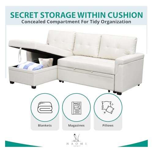 Naomi Home Jenny Sectional Sofa Sleeper with Storage Chaise, Tufted Pull Out Couch with Storage, L-Shaped Reversible Sleeper Sofa with Storage, Black,Air Leather