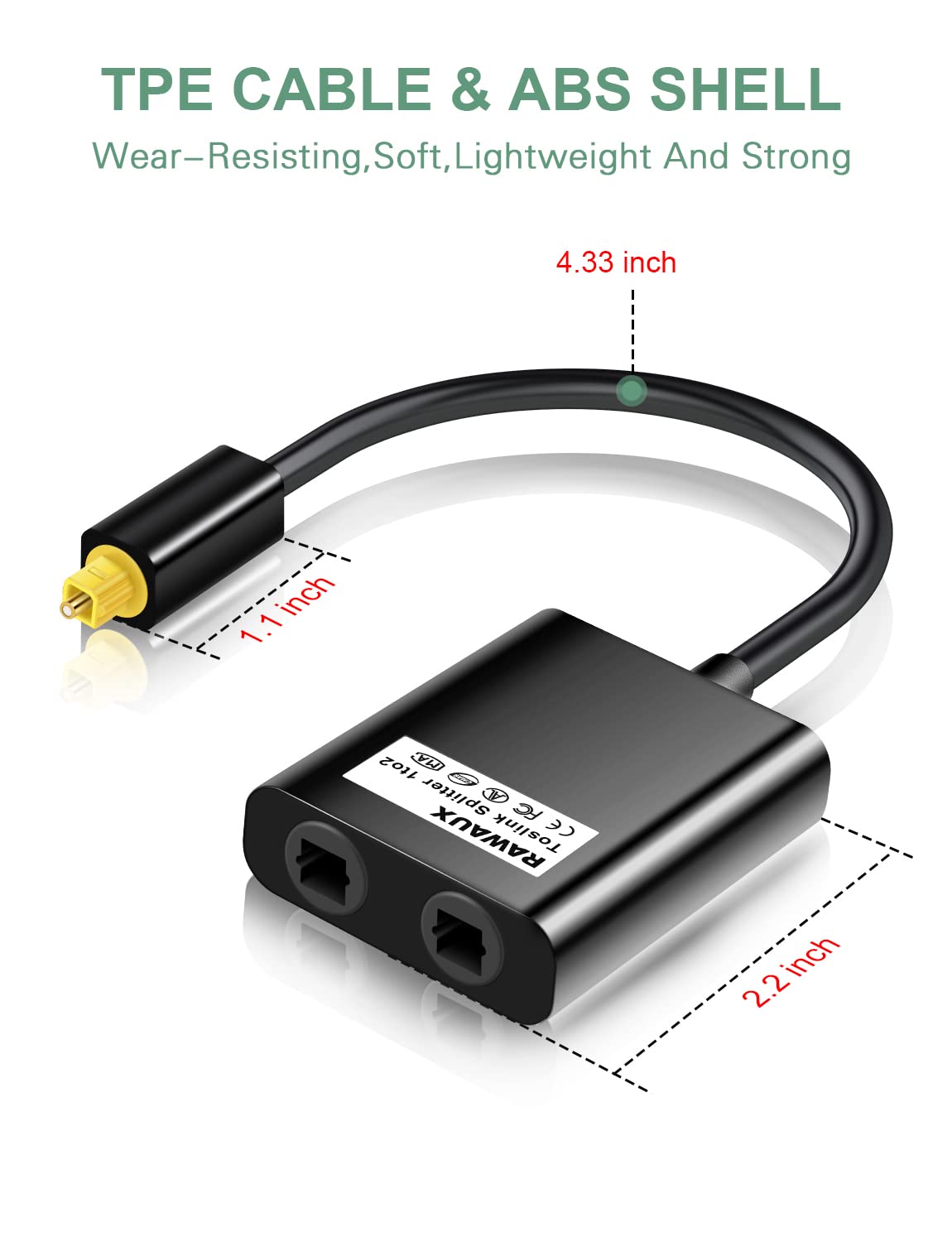 Digital Optical Splitter 1 in 2 Out RAWAUX Toslink Splitter Audio Optical Cable Adapter Fiber Converter 24K Gold Plated Connector for Home Theatre