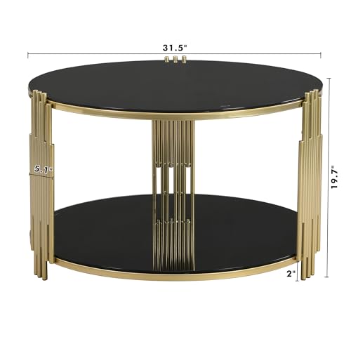 LUMISOL Round Mirror Coffee Table with Tempered Glass Tabletop and Circular Metal Drum Base, 31.5" Cocktail Table with Asymmetrical Metal Tubing, Black