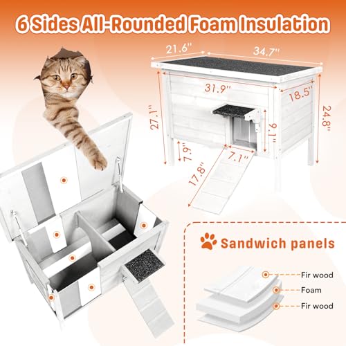 BRIOPAWS Outdoor-Cat-House-Insulated | Feral-Cat-Shelter for Winter | Weatherproof | Large Wooden Pet House for Multiple Cats | Foldable Ladder | Acrylic Side Window | Grey