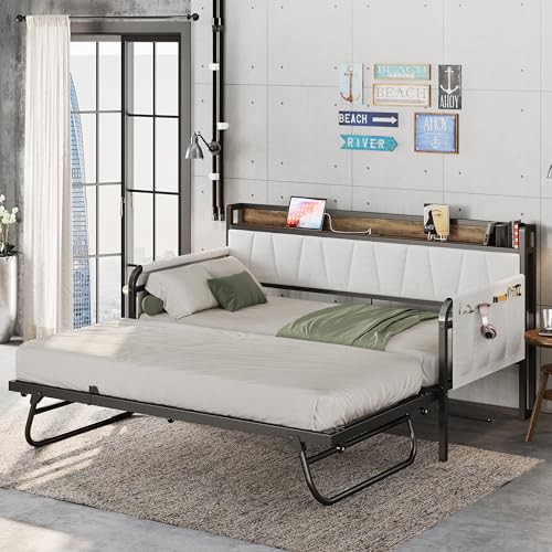 LIKIMIO Daybed with Trundle Bed, Twin Bed Frame with Storage Headboard and Charging Station, Sofa Day Bed with Strong Supports for Living Room, Bedroom, and Guest Room, Grey