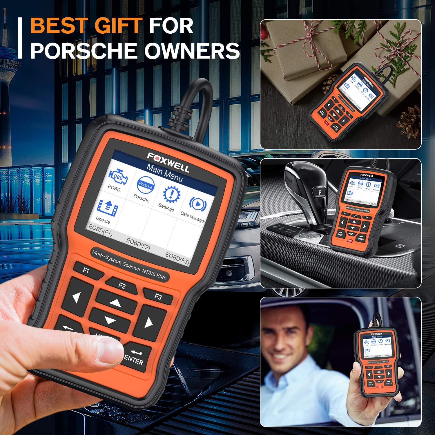 FOXWELL NT510 Elite All Systems OBD2 Scanner for Porsche, HVAC 4WD Bi-Directional Diagnostic Scanner with Oil Reset EPB SAS TPS TPMS Battery Registration Scan Tool