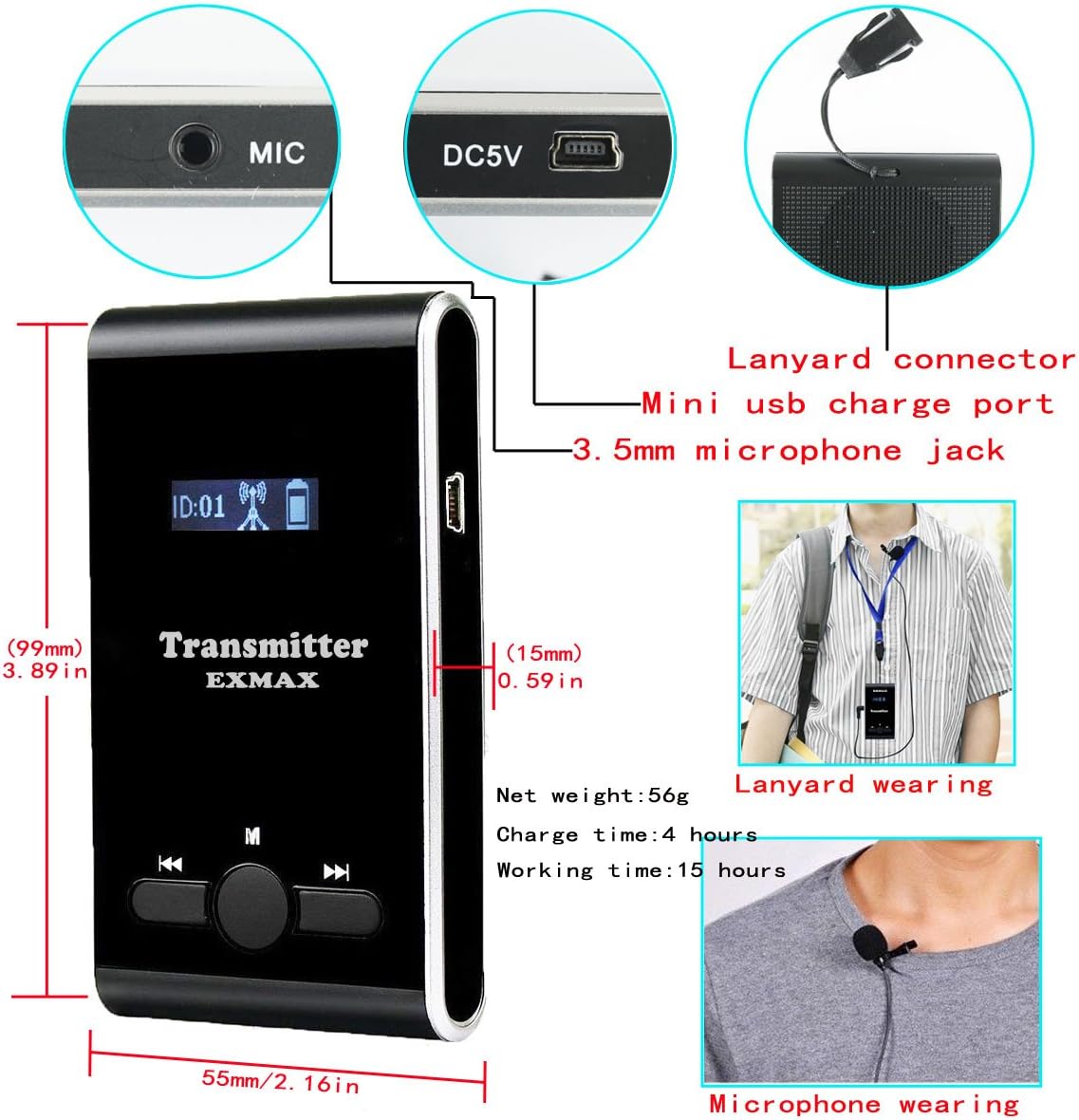 EXMAX EX-100 Wireless Tour Guide System Microphone Earphone Headset for Church Translation Simultaneous Interpreting Teaching Silent Live Conference Travel Interpretation(1 Transmitter 10 Receivers)