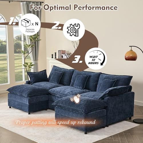 108" U Shaped Couch, Modular Sectional Sofa, 3-Seater Comfy Cloud Couch with Movable Ottoman, Deep Seat Couches for Living Room, Chenille, Black