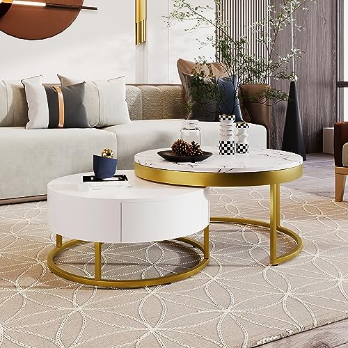 Modern Round Lift-top Nesting Coffee Tables with 2 Drawers for Living Room White & Natural