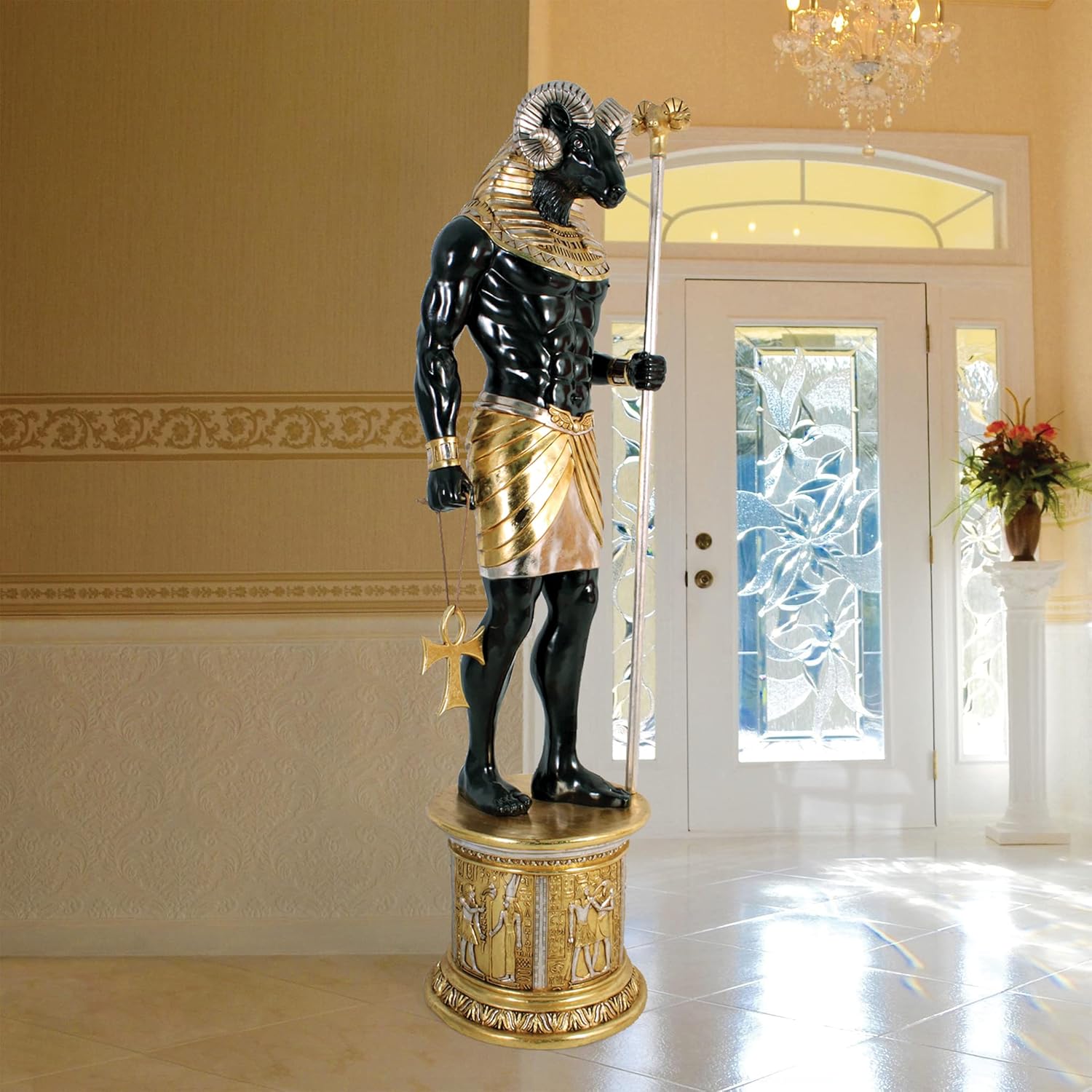 Design Toscano The Egyptian Grand Ruler Life-Size Khnum Statue Atop a Temple Column Mount