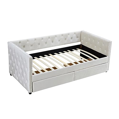 Velvet Twin Daybed with Storage, Upholstered Day Bed Twin Size with Drawers and Headboard, Solid Wood Bed Frame for Living Room and Bedroom, No Box Spring Needed (Beige Velvet)