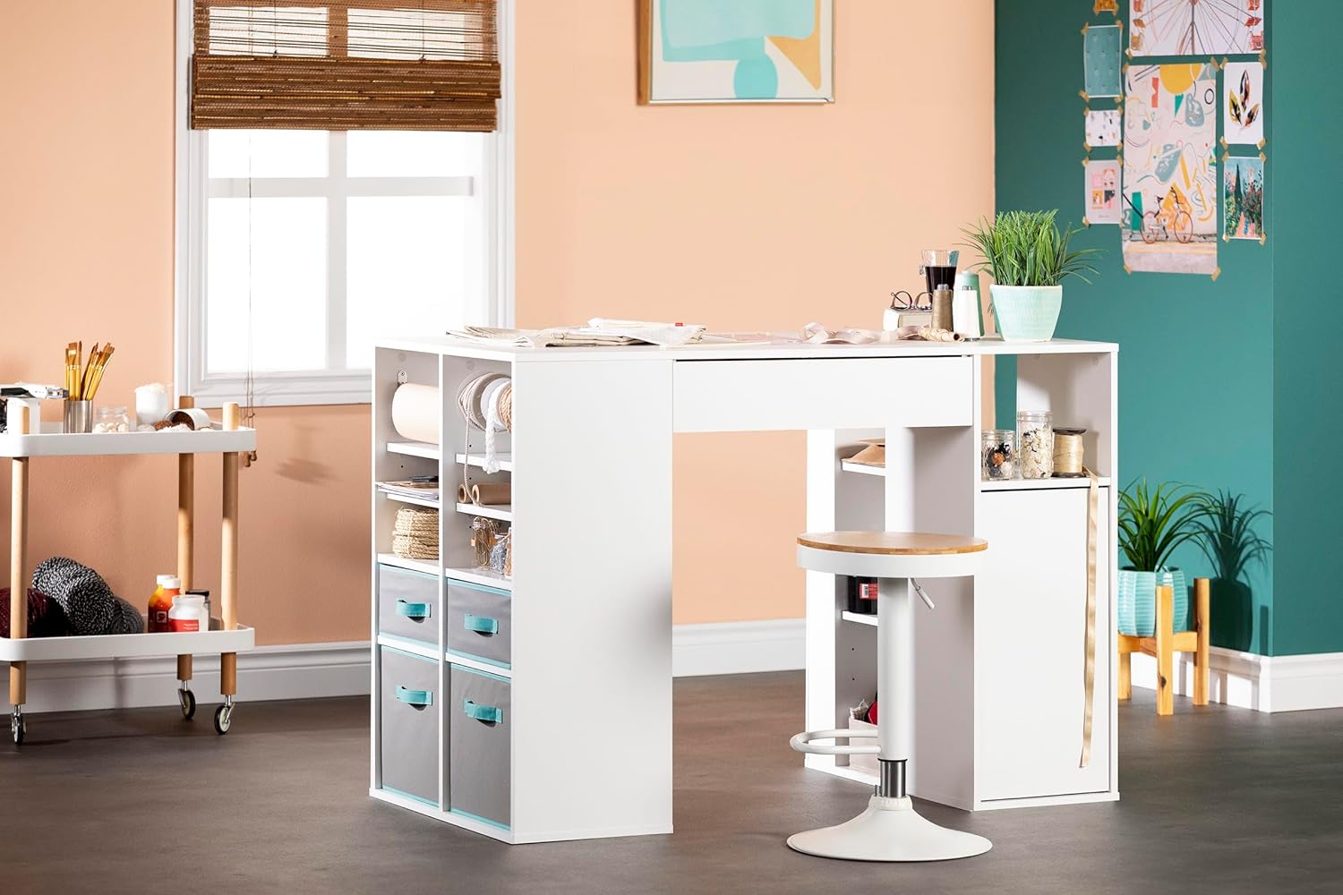 South Shore Crea Counter-Height Craft Table with Scratchproof Surface and Interchangeable Modules - 4 baskets included, Pure White