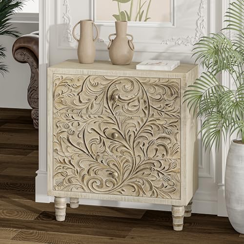 LONYKE 3 Drawer Farmhouse Dresser with Embossed Weathered Flower Motif, Vintage Nightstand for Bedroom, Fully-Assembled, Boho, Weathered White, 25''W*11.81''D*27.36''H