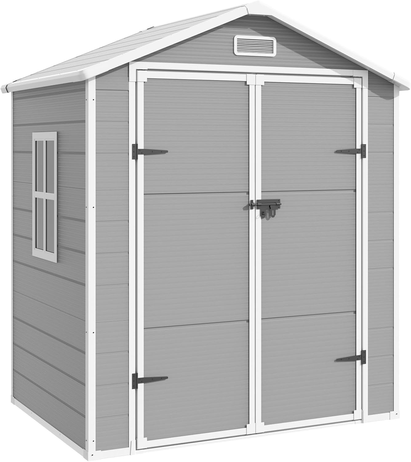 Outdoor Storage Shed, 6x4.5 FT Resin Shed with Floor and Lockable Door, Window & Vents, Tool Sheds & Outdoor Storage for Bike, Garbage Cans,Garden Accessories, Waterproof (Grey & White)