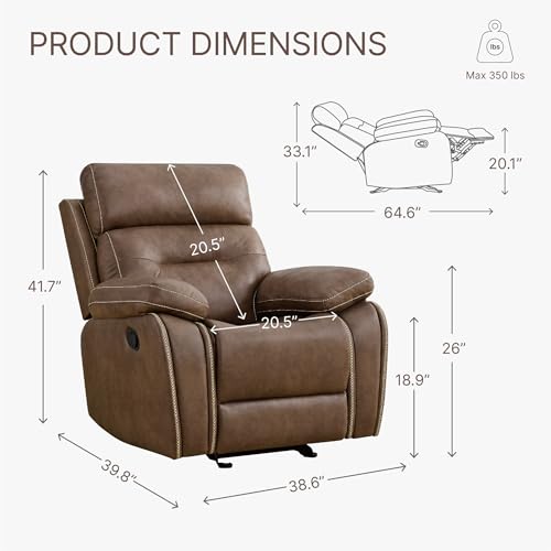 Leather Recliner Chair Manual Sofa Rocker for Adults with Overstuffed Arm for Living Room Bedroom Home Theater Seating, Brown