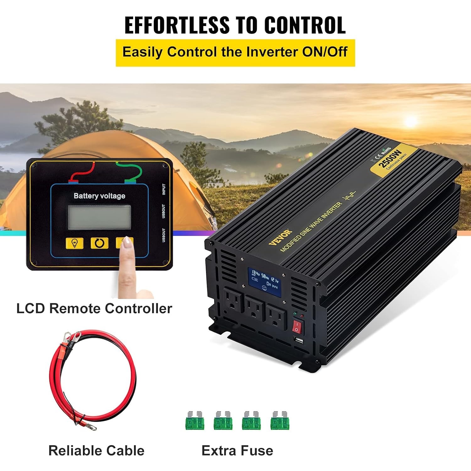 VEVOR Power Inverter, 2500W Modified Sine Wave Inverter, DC 12V to AC 120V Car Converter, with LCD Display, Remote Controller, LED Indicator, AC Outlets Inverter for Truck RV Car Boat Travel Camping