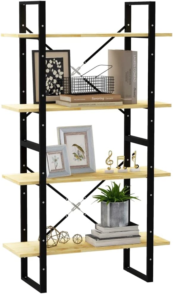 vidaXL Solid Pine Wood Bookshelf - Industrial Scandinavian Style Bookcase with 4-Tiers, Untreated Brown Natural Finish, 31.5"x11.8"x55.1"