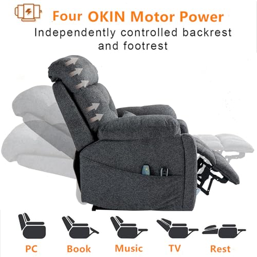 Light Grey Recliner Chair for Elderly | Tall and Big Man 400lbs | Chenille | Power Lift, Lay Flat, Stand Up, Wireless Charging Device, Extended Footrest, Massage Heat, Cup Holder, Lumbar Pillow