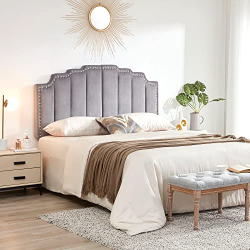 Kingfun Mid Century Headboard for King Size Bed, Velvet Upholstered Tufted Bed Headboard with Nailhead Decor, Adjustable Curved Solid Wood Head Board with Vertical Channel Design in Grey