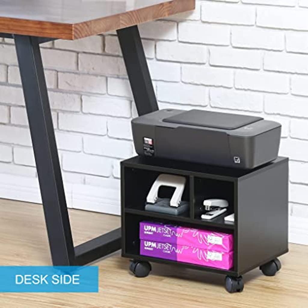 2-Tier Mobile Under Desk Printer Stand, Wood Under Desk Printer Table with Wheels, Small Black Rolling Printer Cart for Home, Office, Scanner, Fax Machine, Computer, Copier