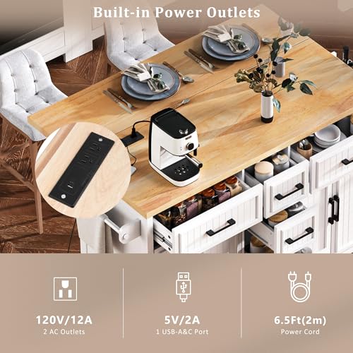 56.5" Rolling Kitchen Island with Storage on Wheels, Kitchen Cart with Drop Leaf & Power Outlet, Portable Island Table with 4 Doors, 5 Drawers, Spice Rack and Towel Bar for Dinning Room, Black
