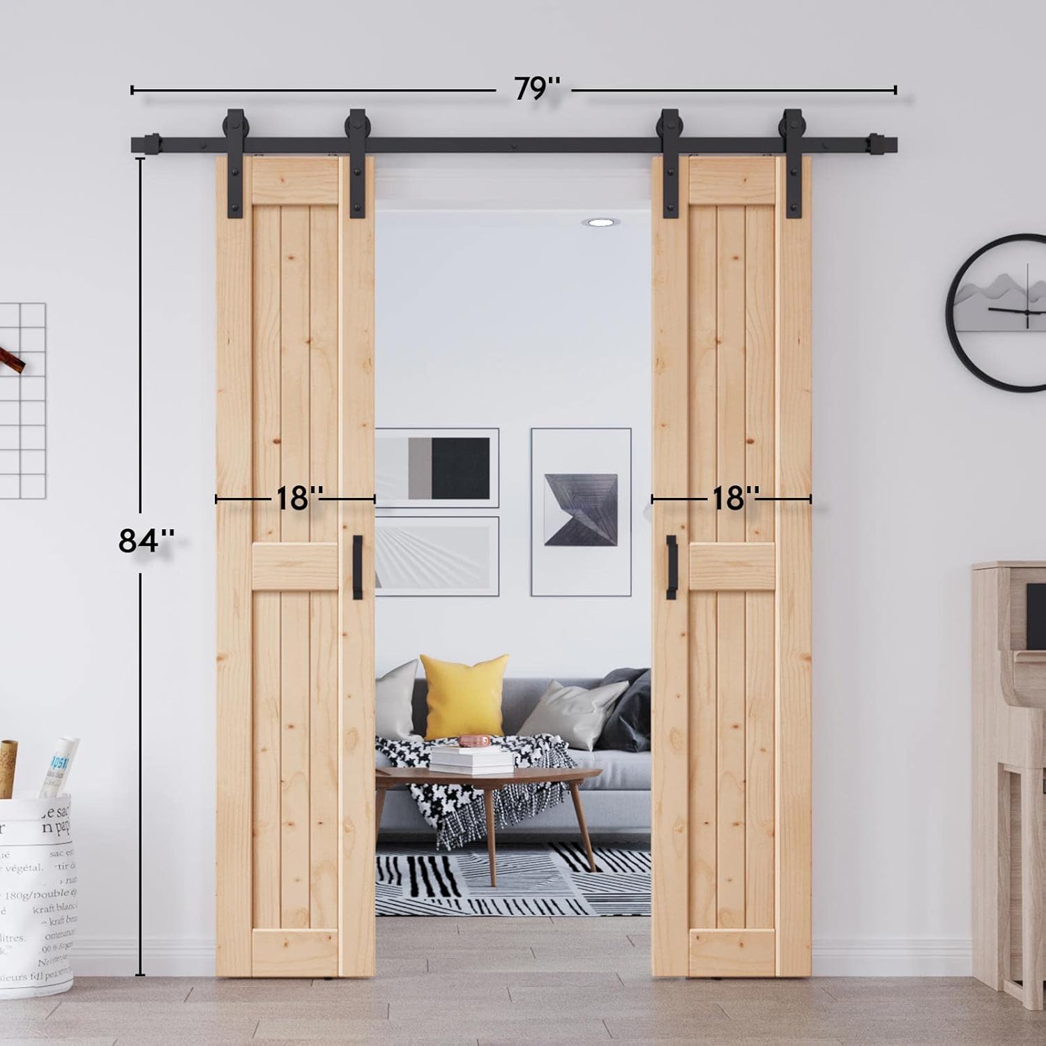 EaseLife 36in x 84in (Double 18in×84in Door) Barn Door with 6.6FT Sliding Door Hardware & Handle Included,DIY Assemblely,Easy Install,Apply to Interior Rooms & Storage Closet,H-Frame