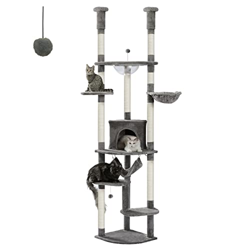 PEQULTI Floor to Ceiling Cat Tree 92.9’’-101.6’’ Height Adjustable Cat Tower Tall Kitty Climbing Play House with Scratching Posts, Cozy Condo, Perches and Large Hammock for Indoor Cats Beige
