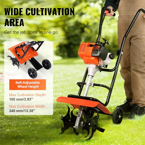 VEVOR Tiller Cultivator Gas Powered, 43CC 2-Stroke Garden Cultivator, Tiller with 4 Steel Adjustable Front Tines for Lawn, Garden and Field Soil Cultivation
