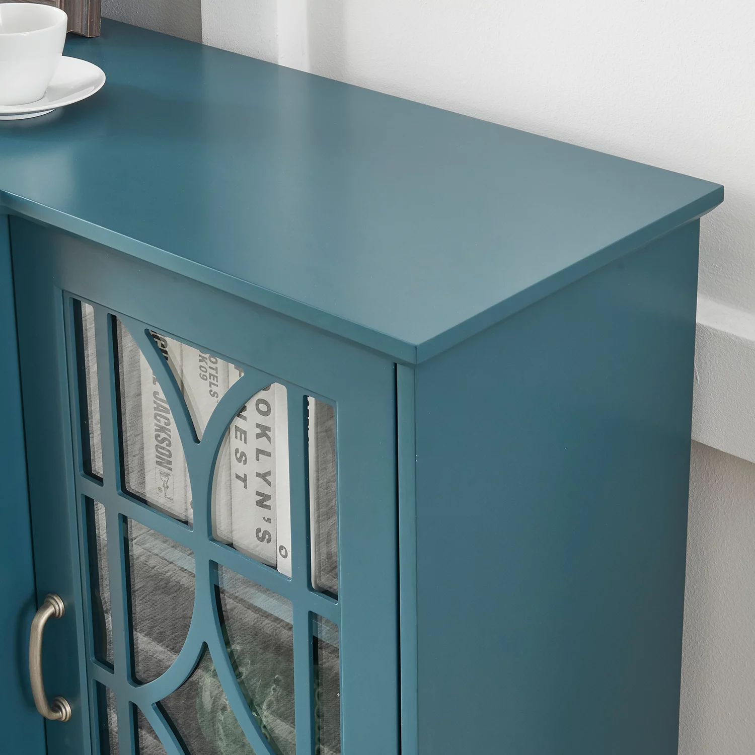 Sumdeal 63” TV Stand, Storage Buffet Cabinet, Sideboard with Glass Door and Adjustable Shelves, Console Table for Dining Living Room Cupboard, Teal Blue