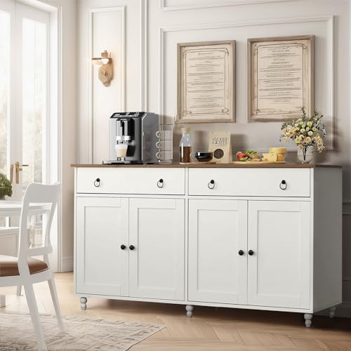 4 EVER WINNER Black Buffet Cabinet with Storage & Gourd Legs, Sideboard Cabinet with 2 Drawers & 4 Doors, Wood Coffee Bar Cabinet Buffet Table for Kitchen, Dining Room
